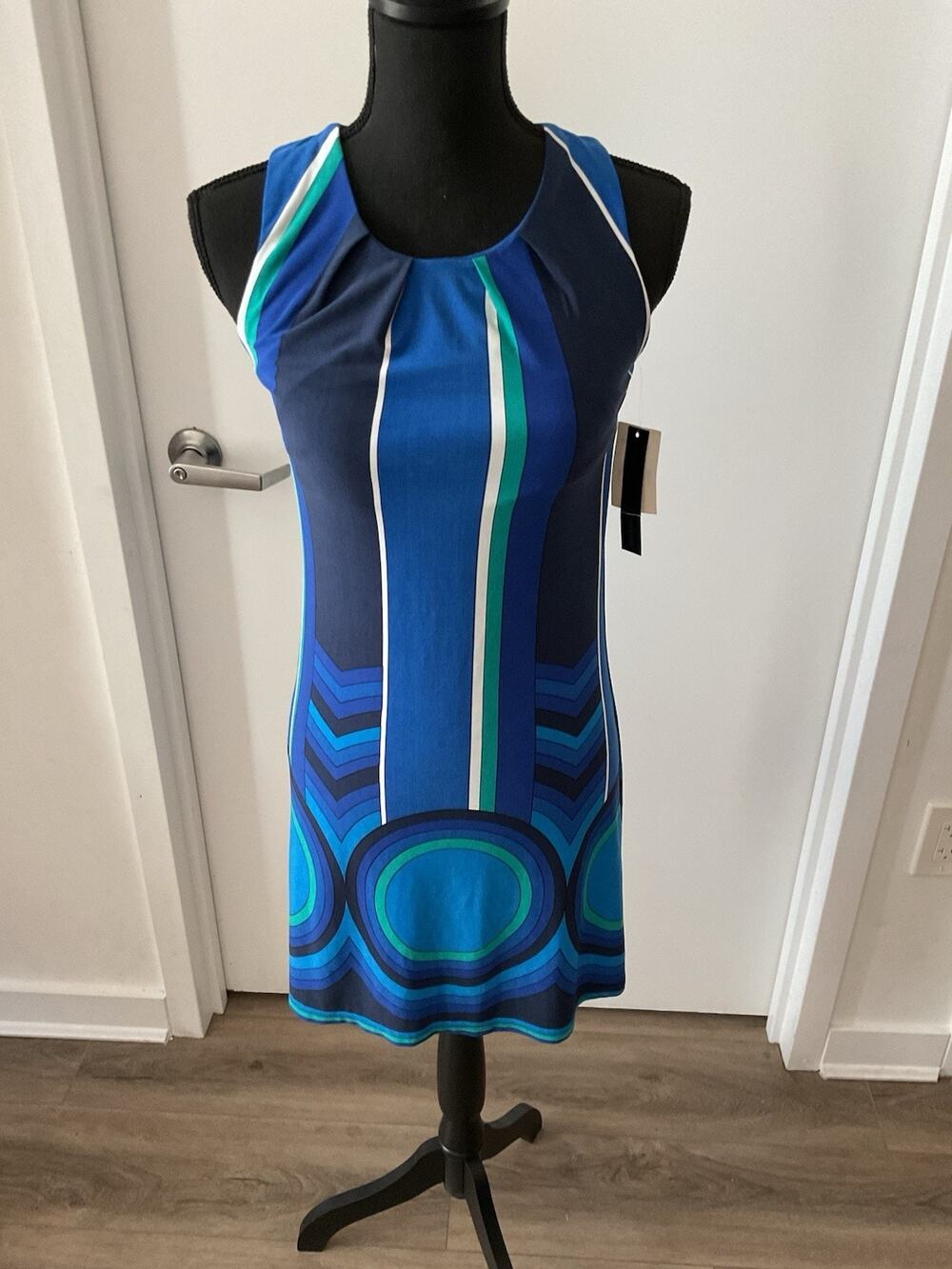 My Michelle Sheath Dress S Striped Blue Green Halter Sleeveless Lined Stretch